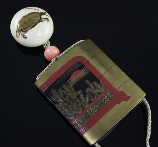 A Japanese togidashi lacquer three case inro, signed Koma Koryu Saku and kakihan, 19th century, losses to decoration on netsuke